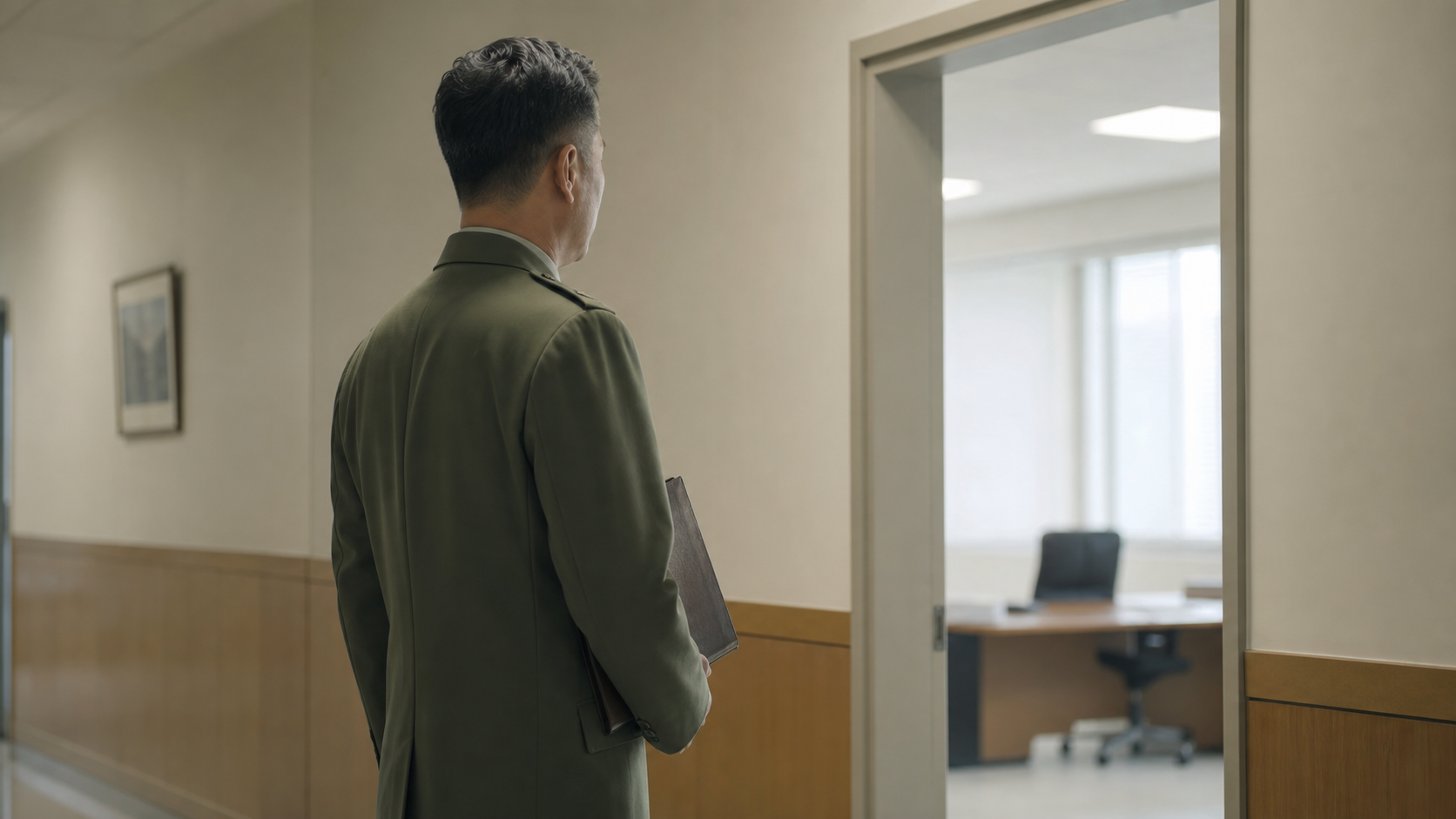 幹部自衛官のキャリアと階級上昇を想起させる静かな庁舎内の後ろ姿