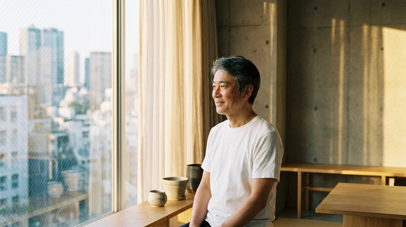 朝の窓辺に座る男性