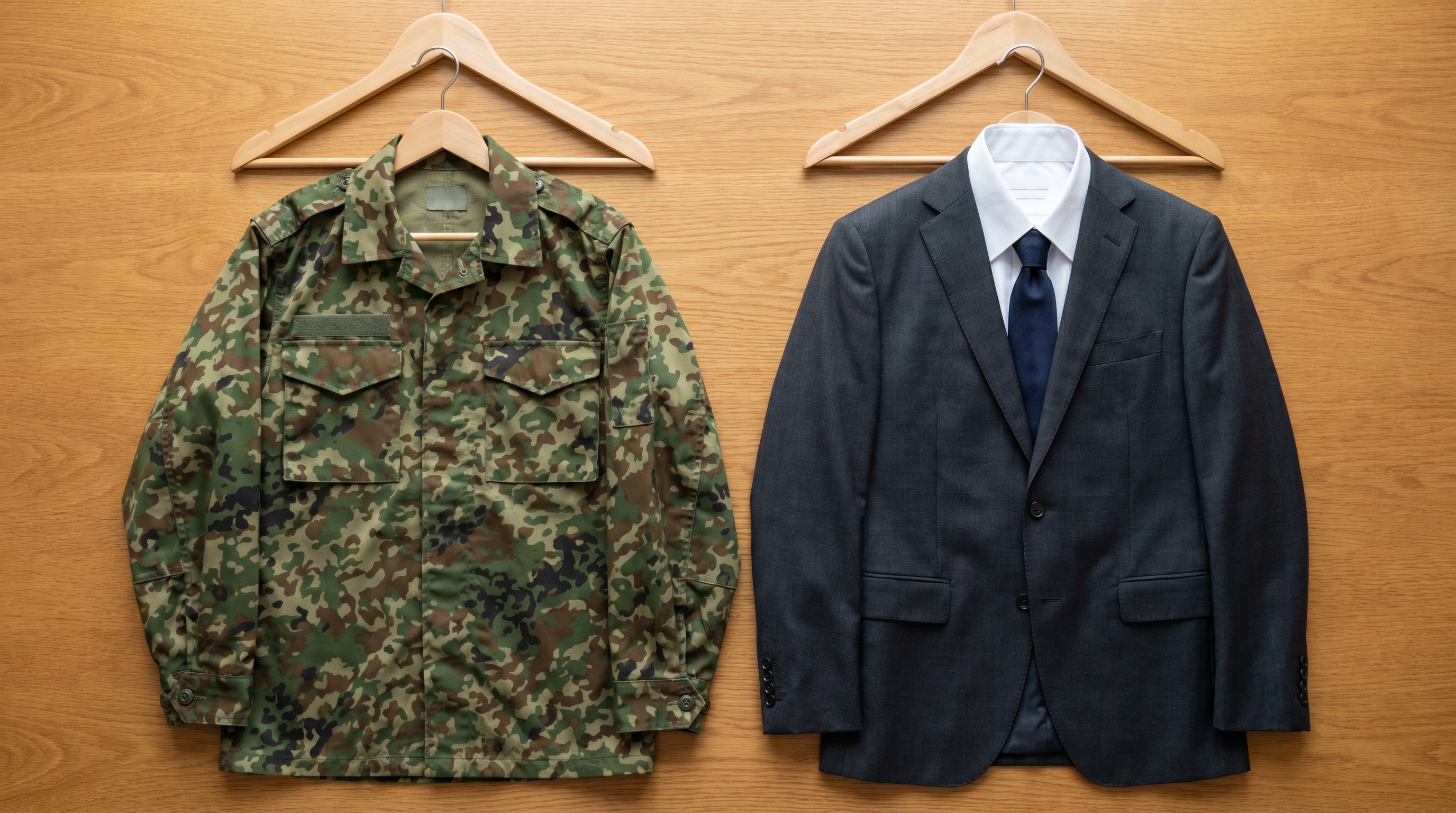 迷彩野戦服とビジネススーツがハンガーに並んだ俯瞰