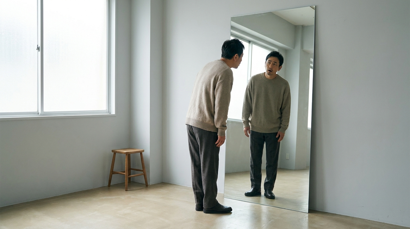 鏡を見て自分に完璧かと問う比喩