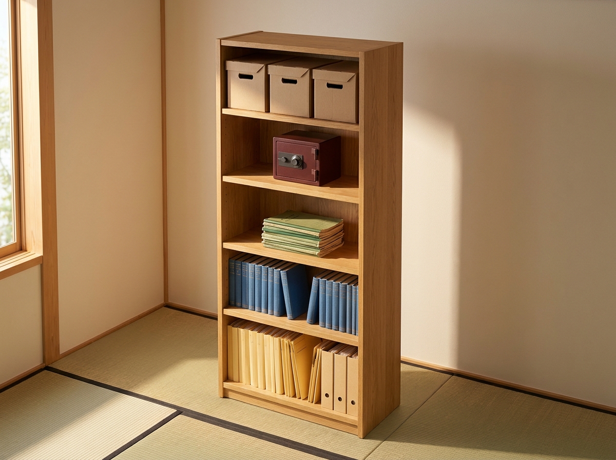 5階建ての本棚を斜め俯瞰で撮った写真・各階の中身が見える