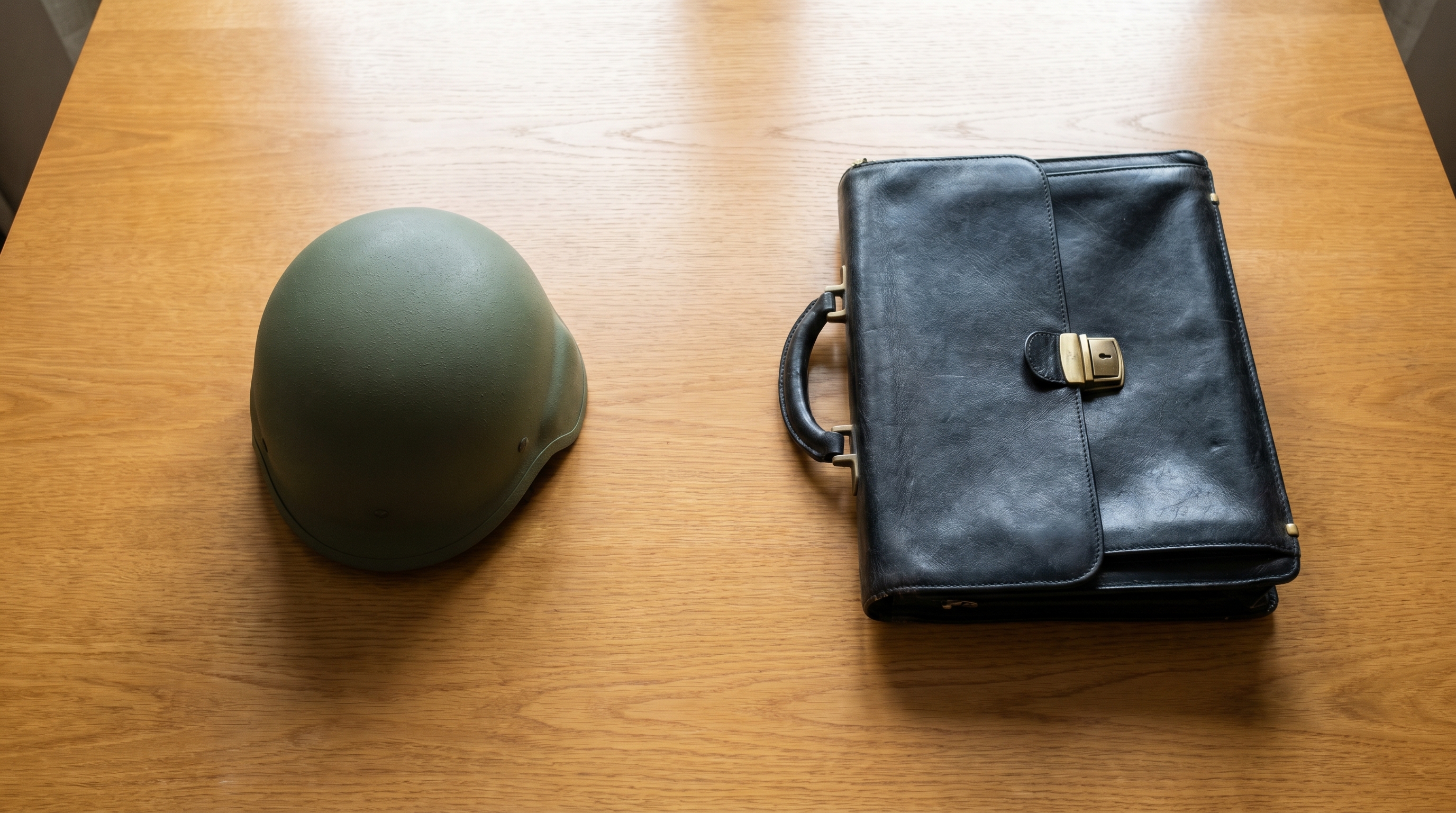 軍用ヘルメットとビジネスバッグが並んだ俯瞰