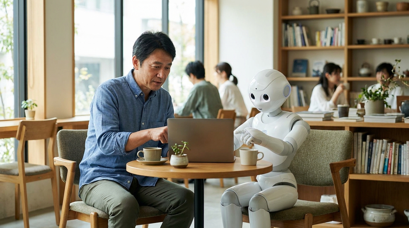 カフェで横並びに座る男性とAIロボット
