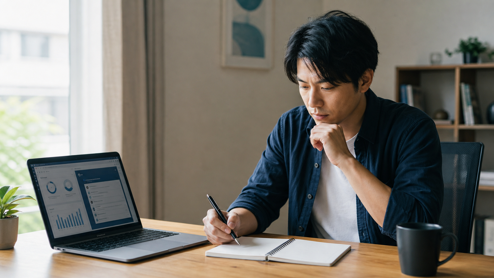 ノートPCとノートを前に、一人でAIを使いながら事業管理をしている作業机