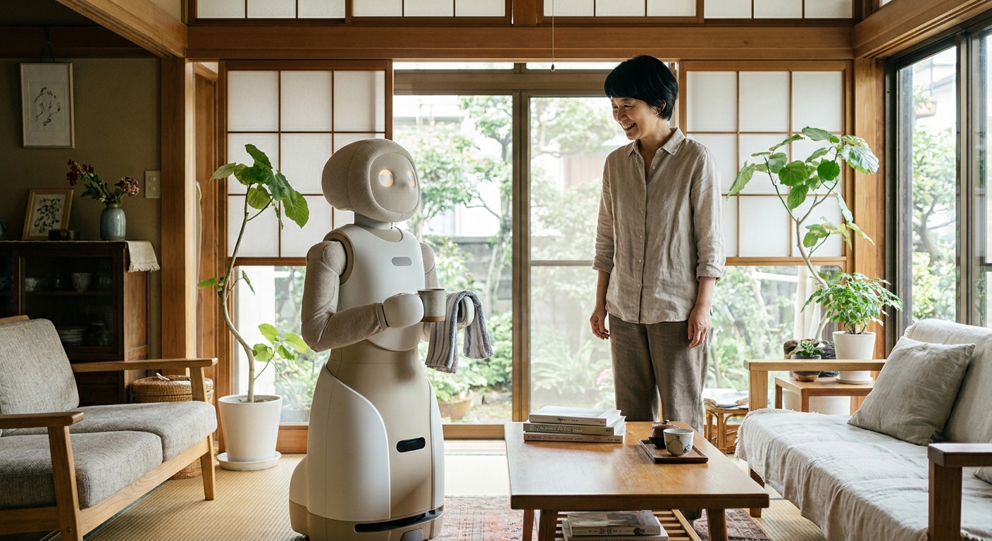 和室で人型ロボットがお茶を運ぶ様子