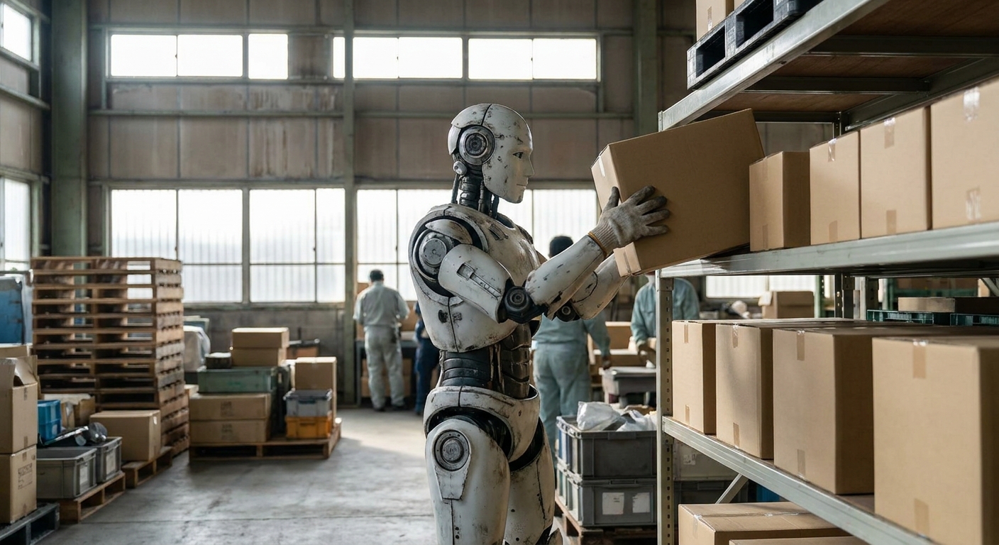 倉庫で箱を運ぶ人型ロボット
