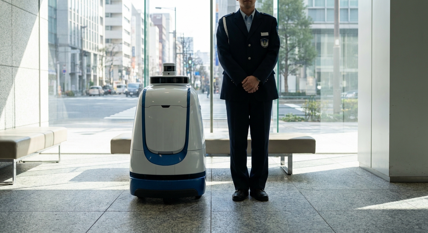 ビルのロビーで警備員と並ぶ警備ロボット