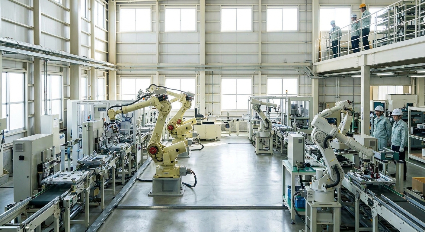 工場のロボットアームと作業員