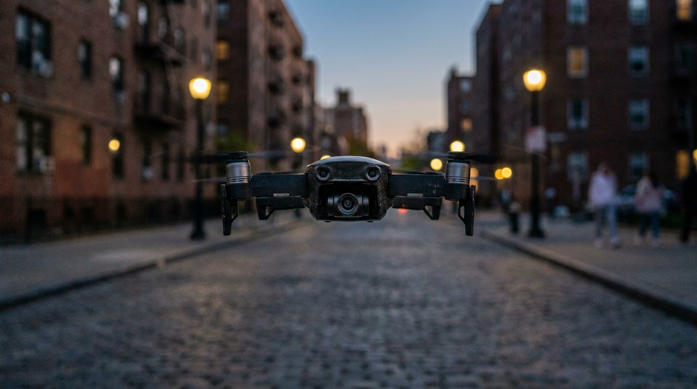 夕暮れの街でホバリングする小型ドローン