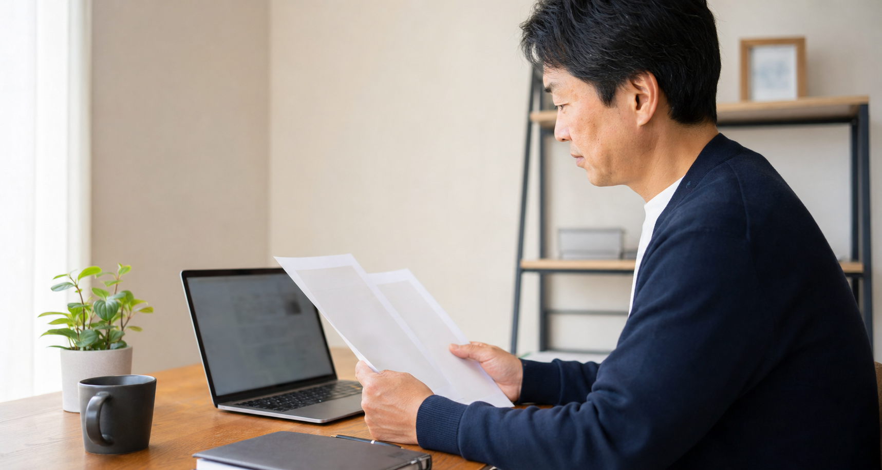 自宅の机で匿名化した職歴メモを確認する日本人の転職希望者