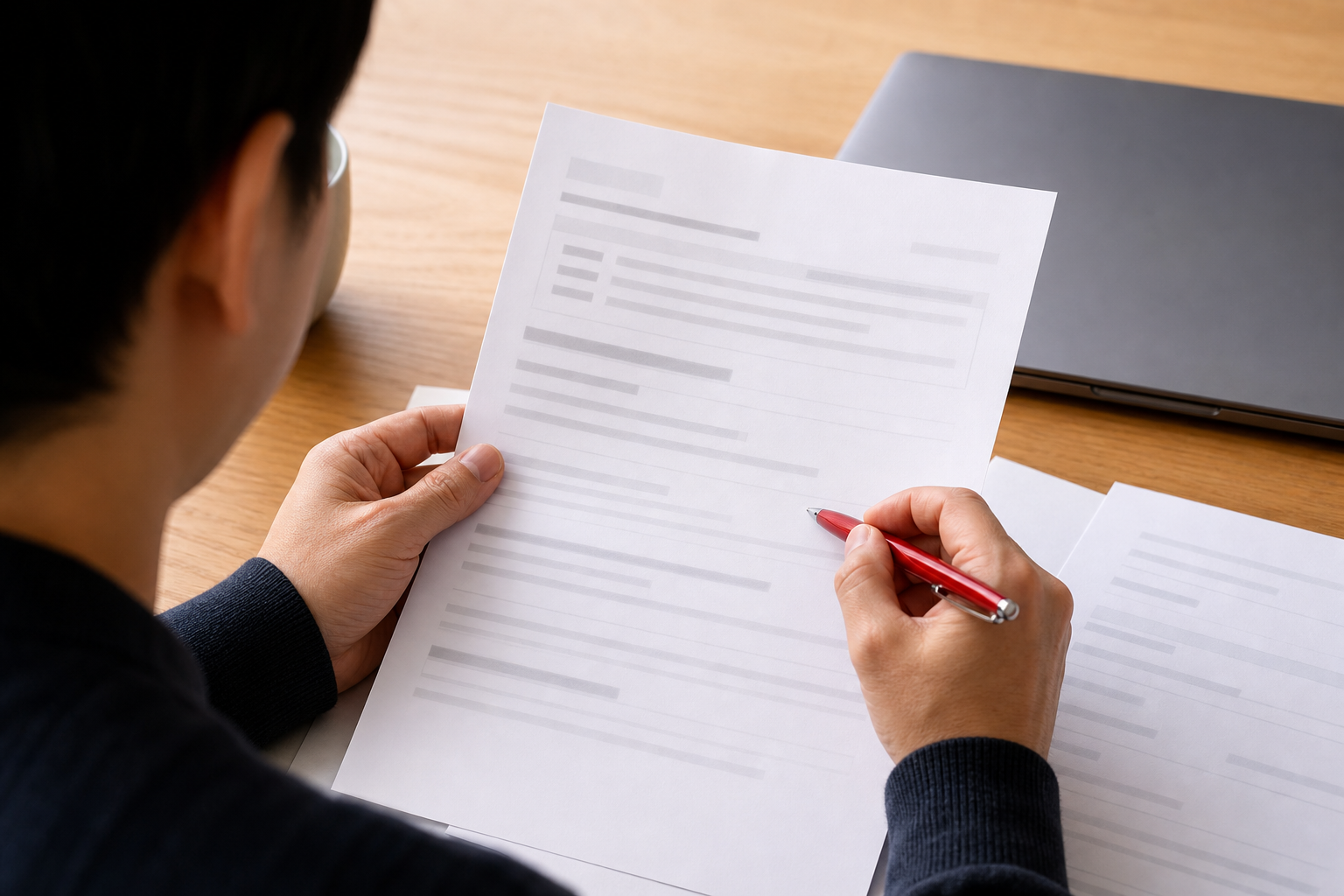 AIが整えた応募書類を本人が赤ペンで最終確認する手元